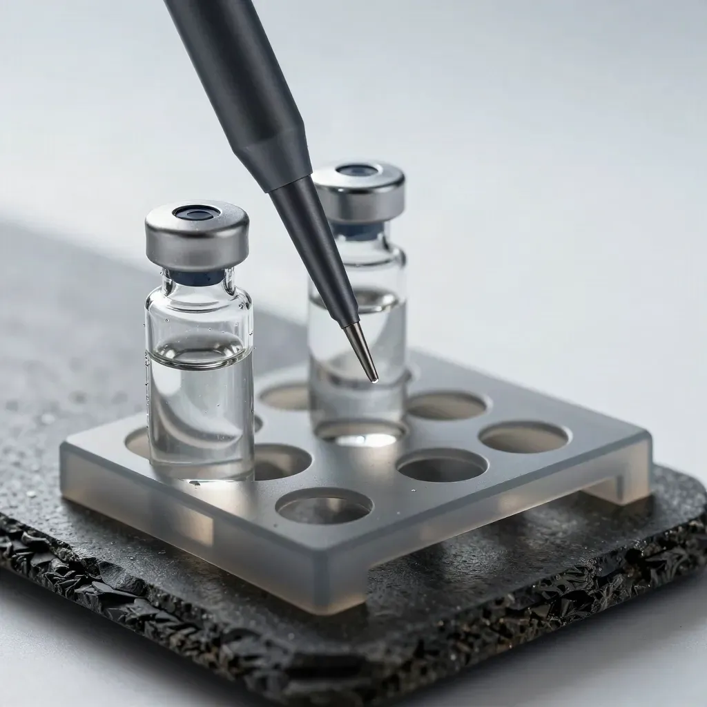 Biotech vials, pipette body, and tube rack on dark graphite stone with cool mist.