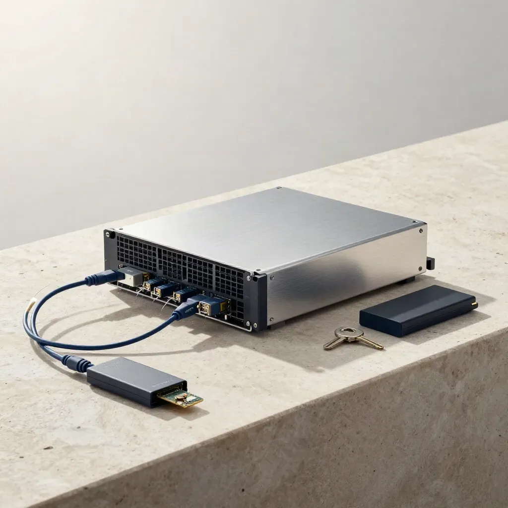 Brushed-aluminium server chassis with drives and fibre leads on pale stone, in soft rain mist.