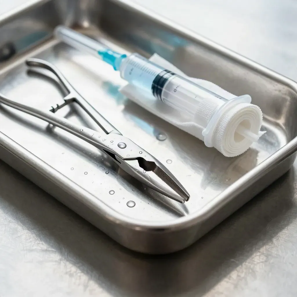 Top-down macro of surgical forceps, gauze rolls and a capped syringe on a stainless tray.