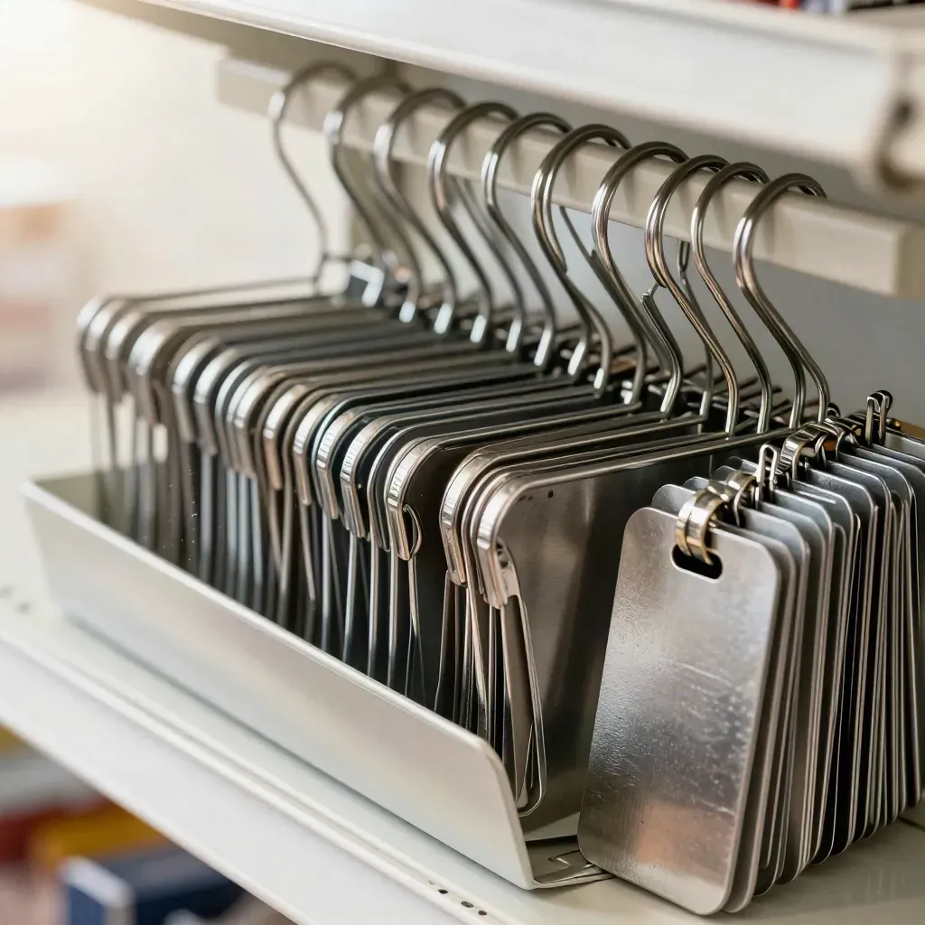 Retail hardware clips, shelf rails, and anti-theft tags on brushed metal