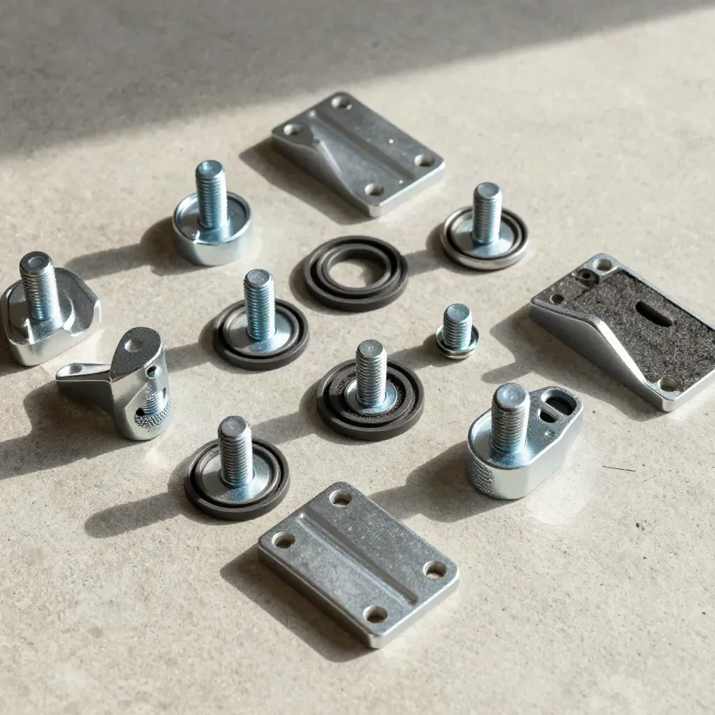 Flatlay of machined brackets, bolts, gasket rings and foam insert on warm concrete.