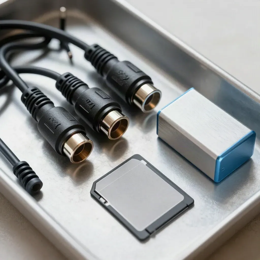 Top-down macro of XLR connectors, memory cards and cable coils on brushed aluminium.