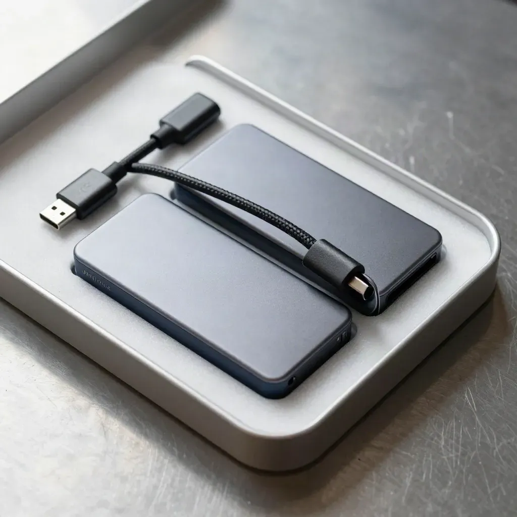 Top-down macro of two external SSDs, USB-C cable, and adapter cap in foam packaging.