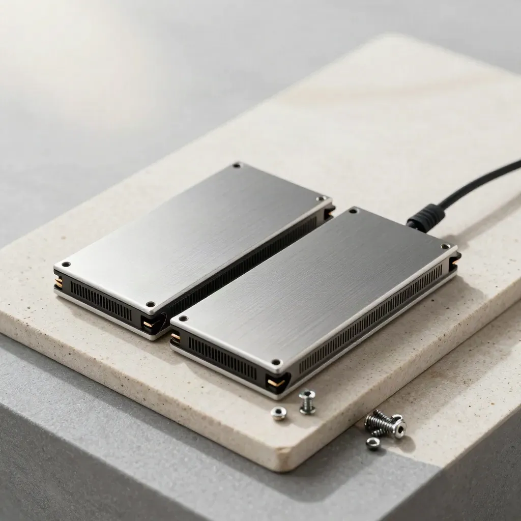 Two mirrored server SSDs in trays with screws and a power lead on pale stone.