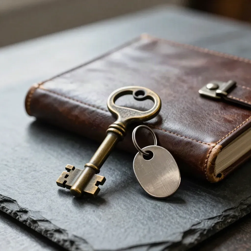 Brass vault key, metal token and leather ledger on slate under dramatic studio light.