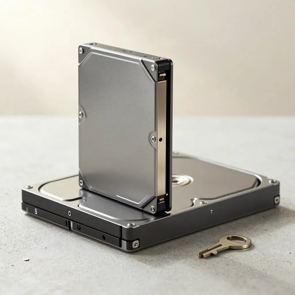 Backup drive cartridge, spare drive and metal recovery key on concrete, top-down macro.