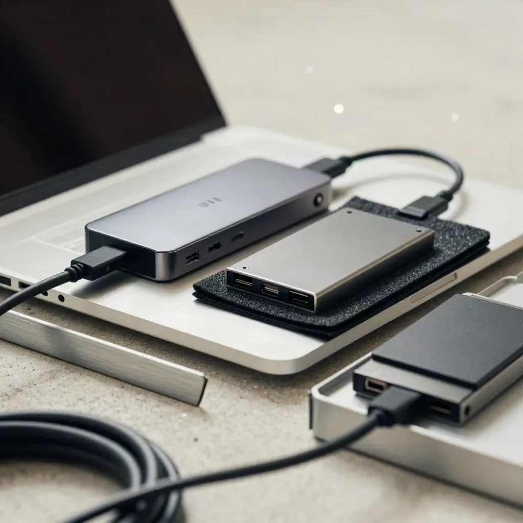 Closed ultralight laptop, dock, adapter and SSDs packed for a launch on concrete.
