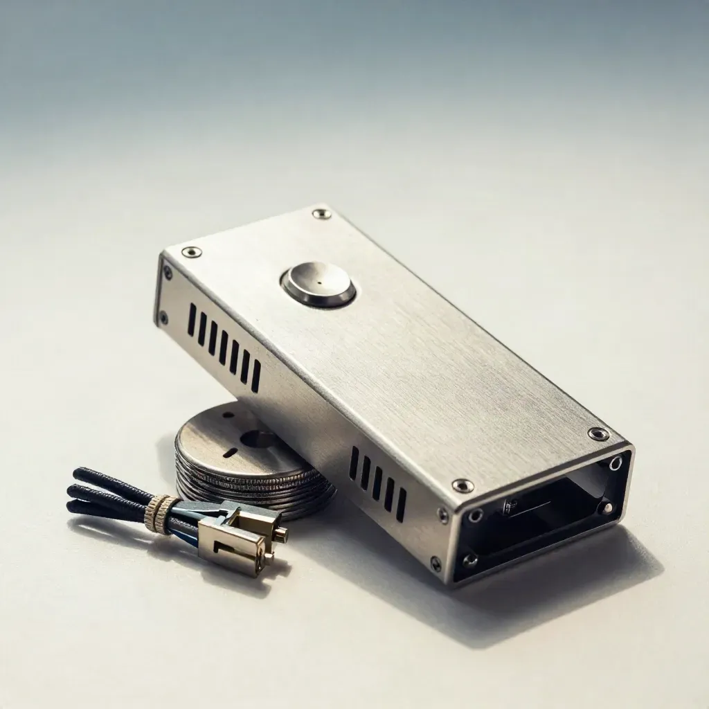 Rack sensor puck and vented status module on brushed metal with blue cable clips.