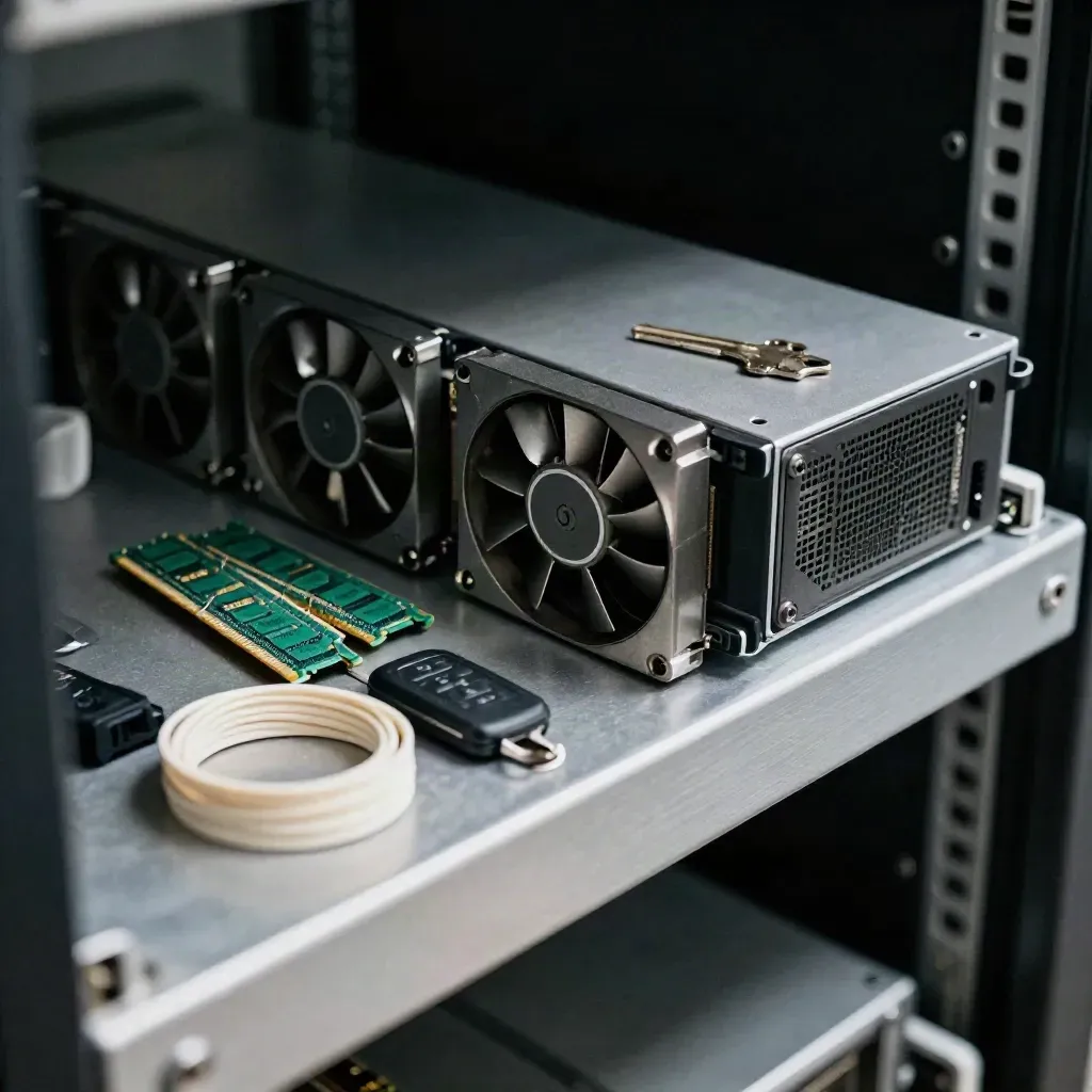 Server fans, RAM sticks, a hardware key and cable ties in a metal tray