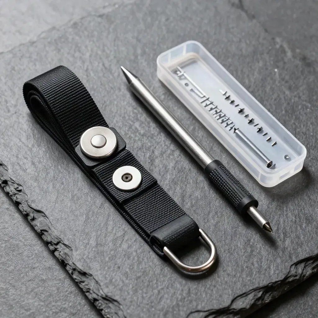 Anti-static wrist strap, Torx driver, and sealed screw tray on slate, top-down macro still life