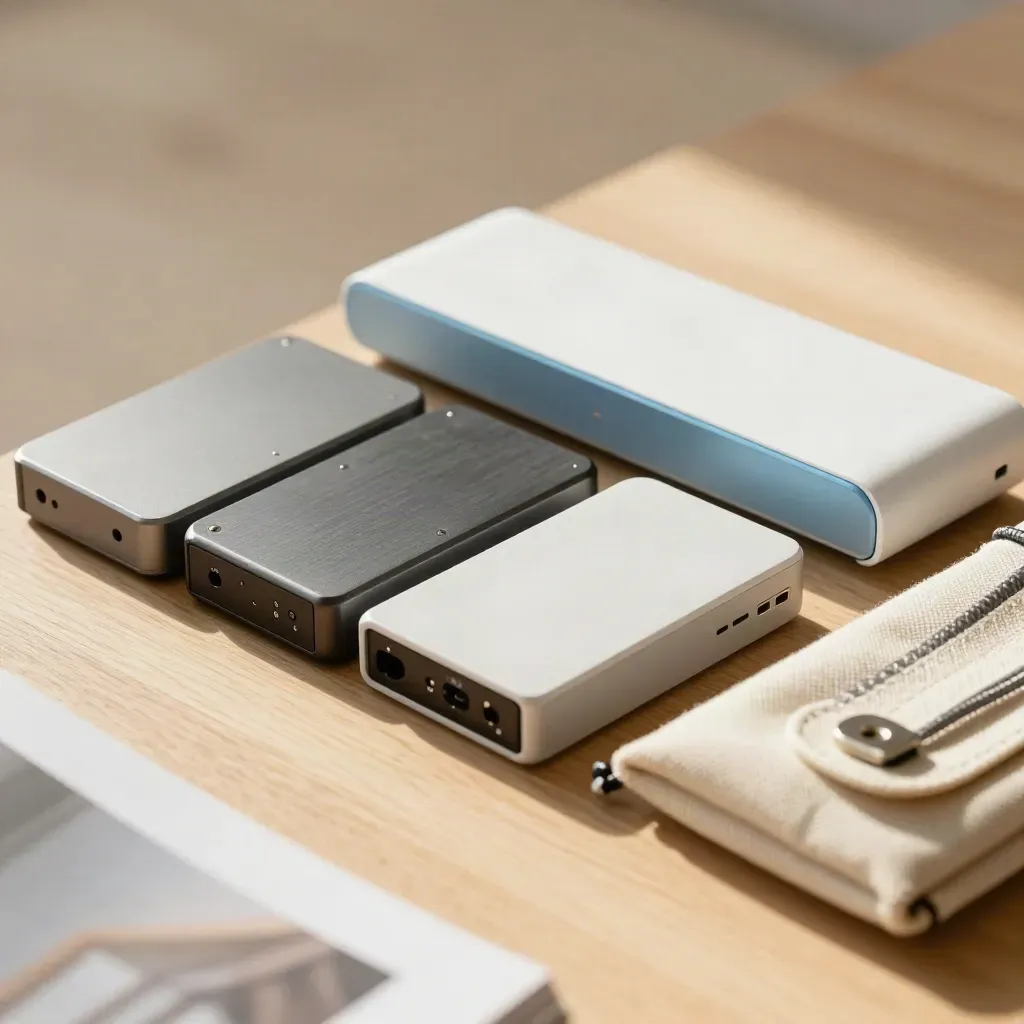 Drives, RAID enclosure and adapter pouch on pale wood, shot through a blurred foreground edge.