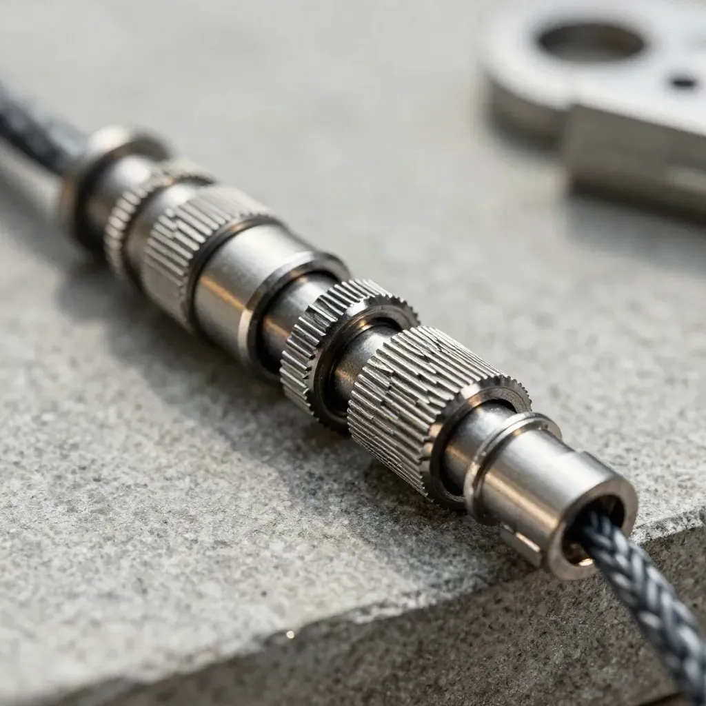 Macro of interlocking connector rings and a cable ferrule on graphite stone.