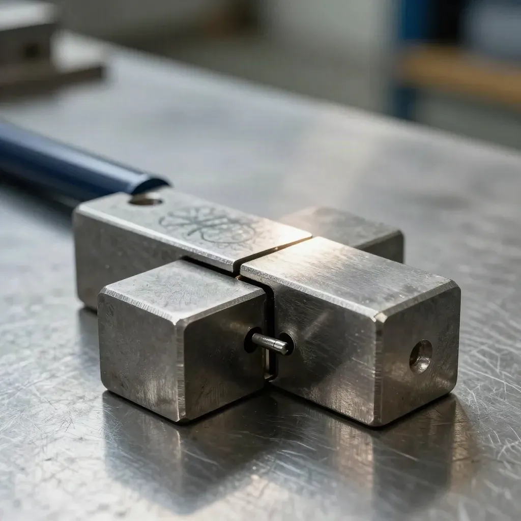 Two linked metal blocks and a spring clip on brushed steel, lit dramatically in shallow focus.