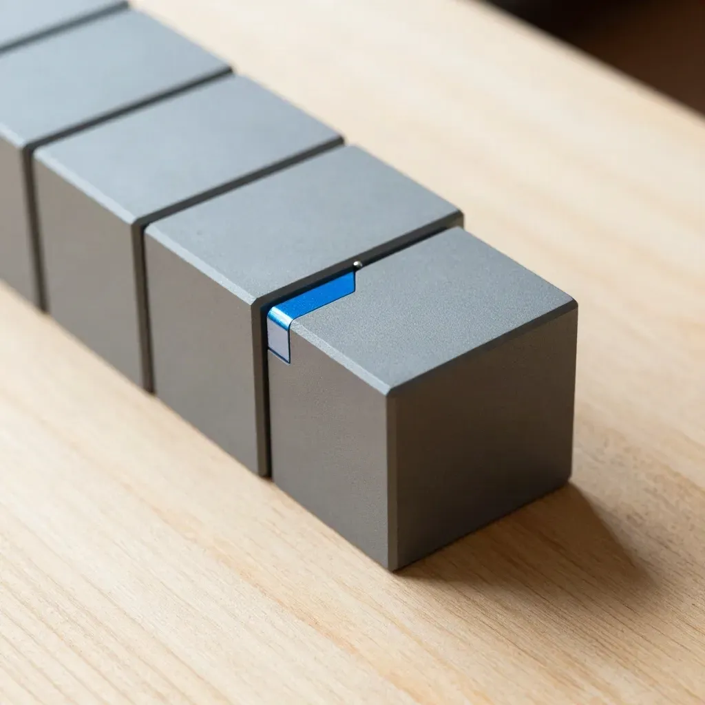 Graphite modular cubes linked by a pin on pale wood, lit in a clean high-angle macro.