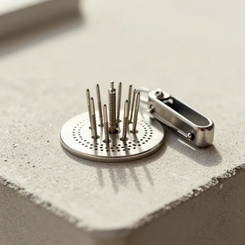 Macro of sensor pins, perforated disk and cable clips on pale concrete